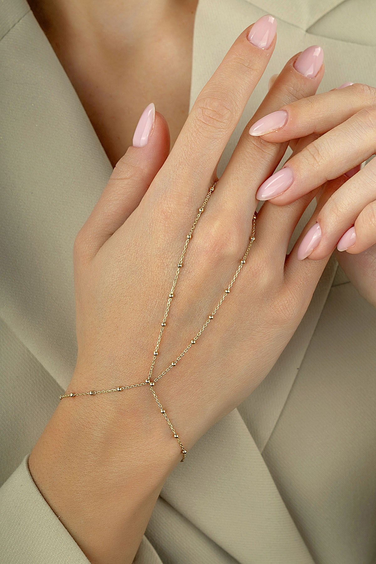 14K Delicate Chain Gold Hand Chain Bracelet Secondary image
