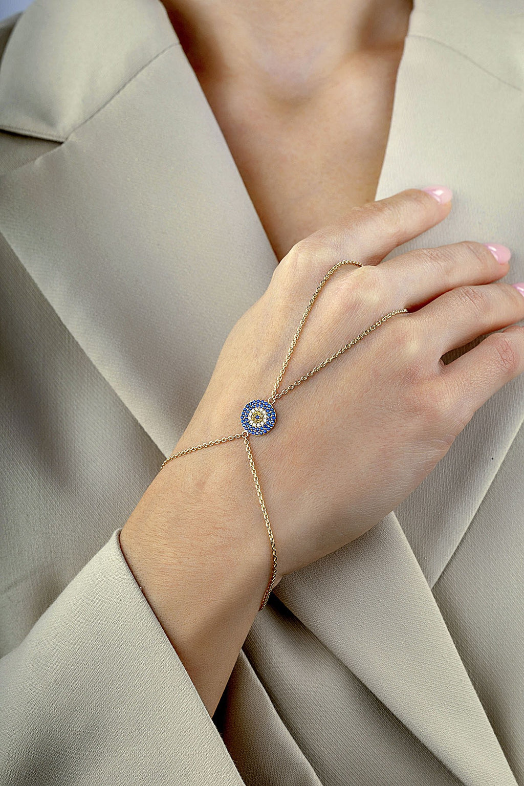 14K Evil Eye Beaded Gold Hand Chain Bracelet