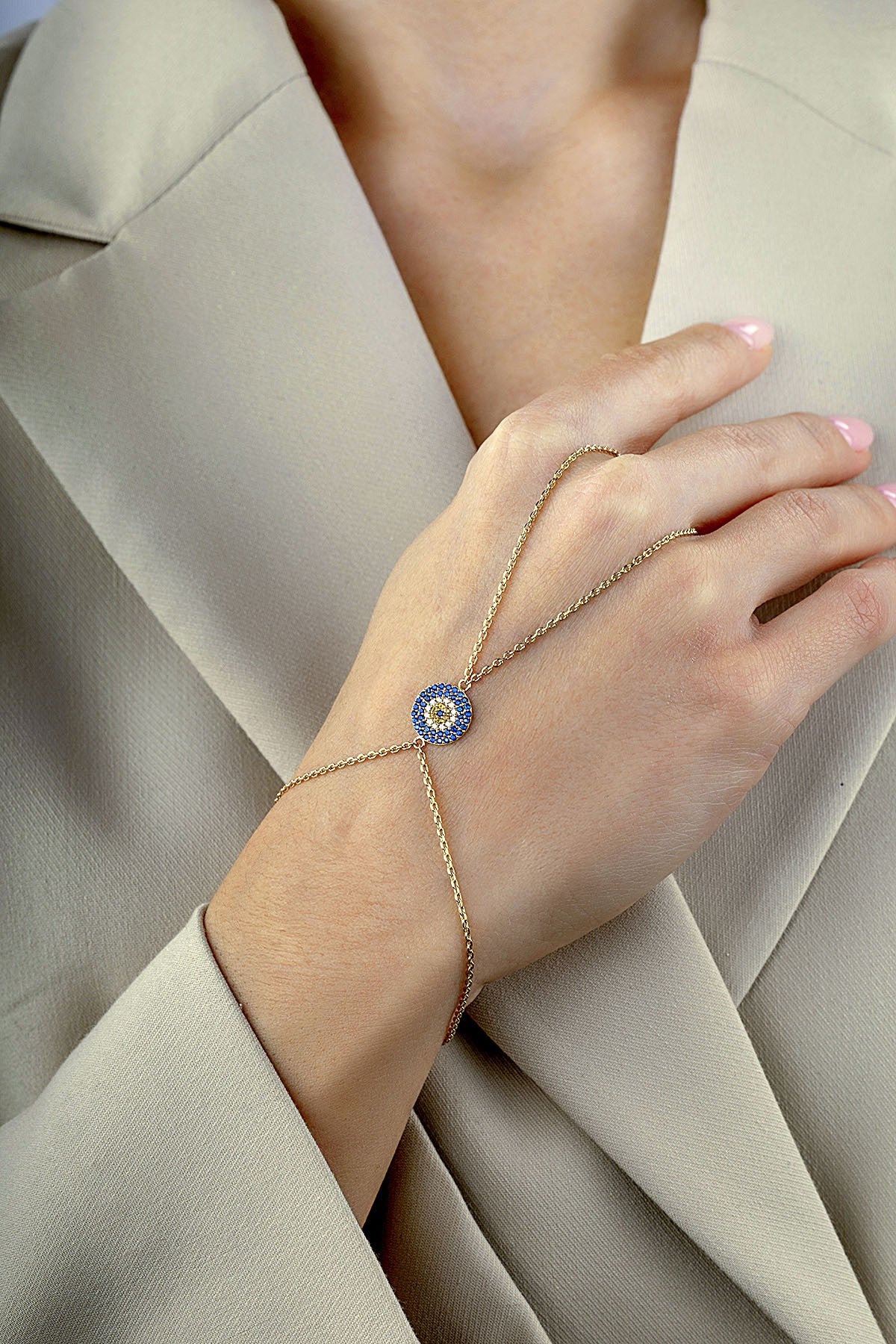 14K Evil Eye Beaded Gold Hand Chain Bracelet