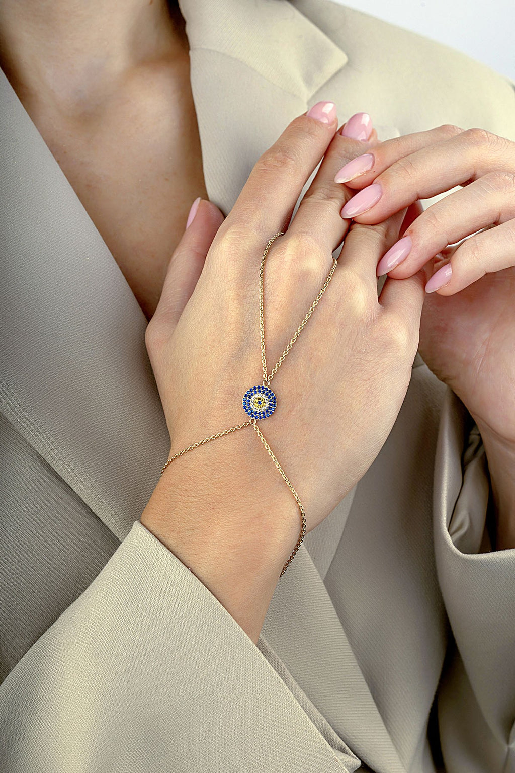 14K Evil Eye Beaded Gold Hand Chain Bracelet