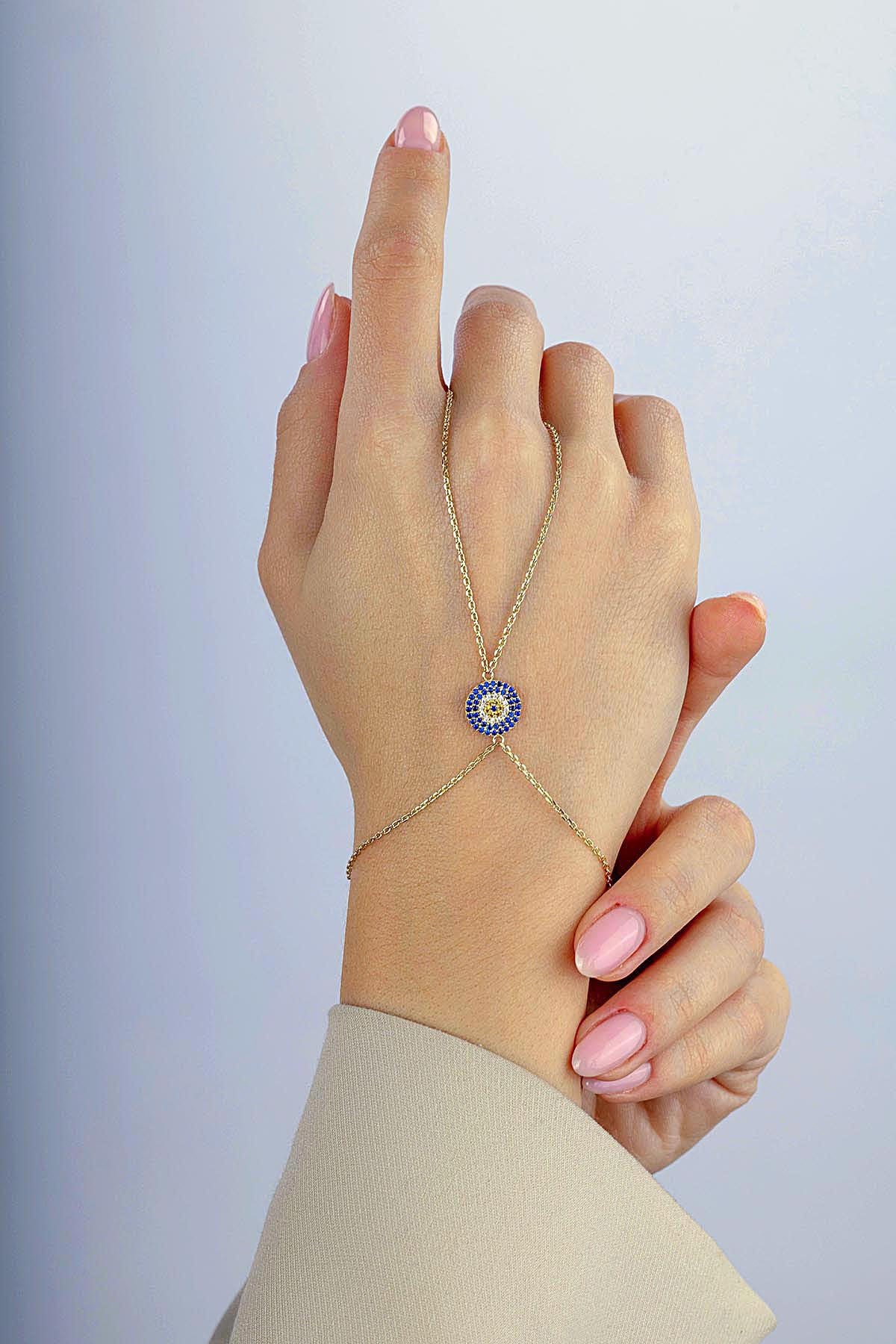 14K Evil Eye Beaded Gold Hand Chain Bracelet