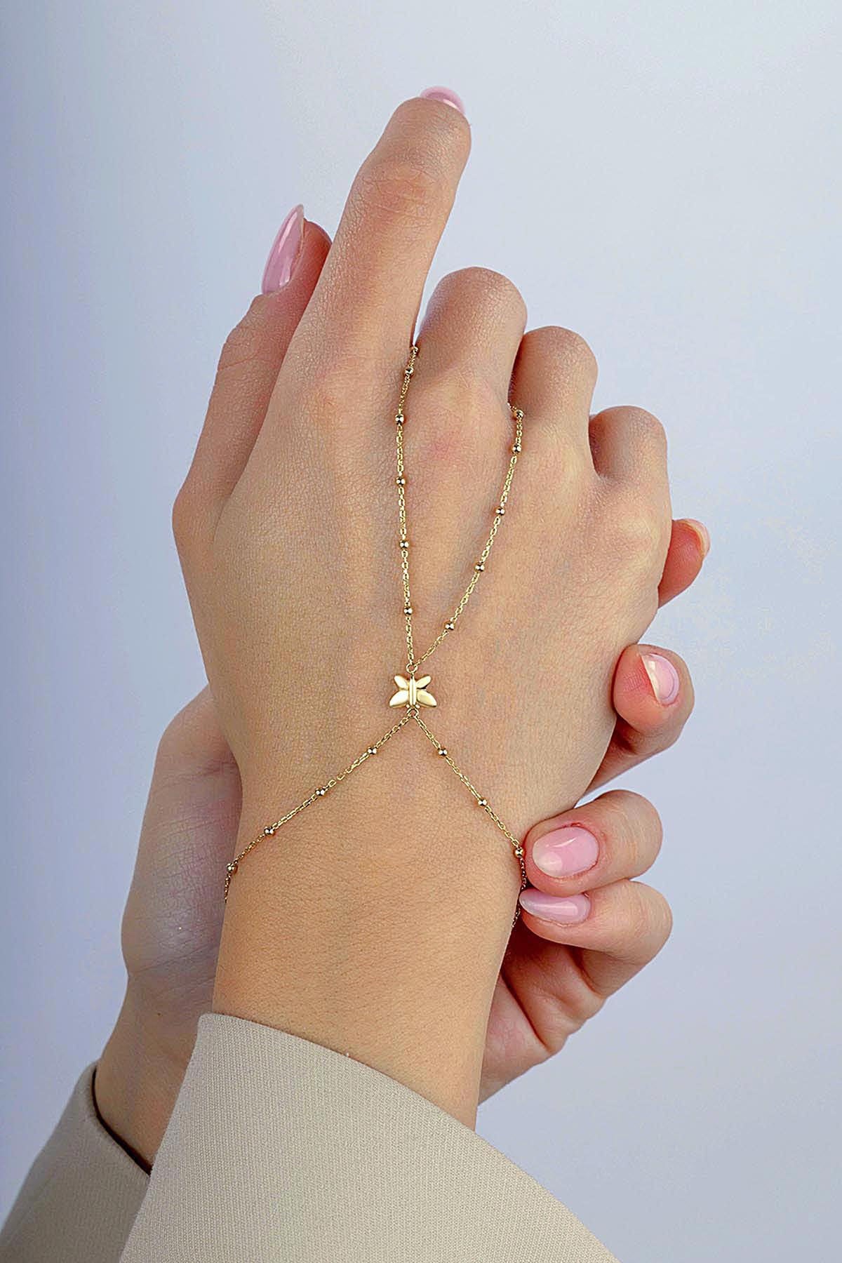 14K Butterfly Gold Hand Chain Bracelet