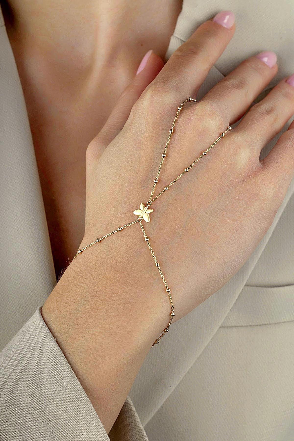 14K Butterfly Gold Hand Chain Bracelet