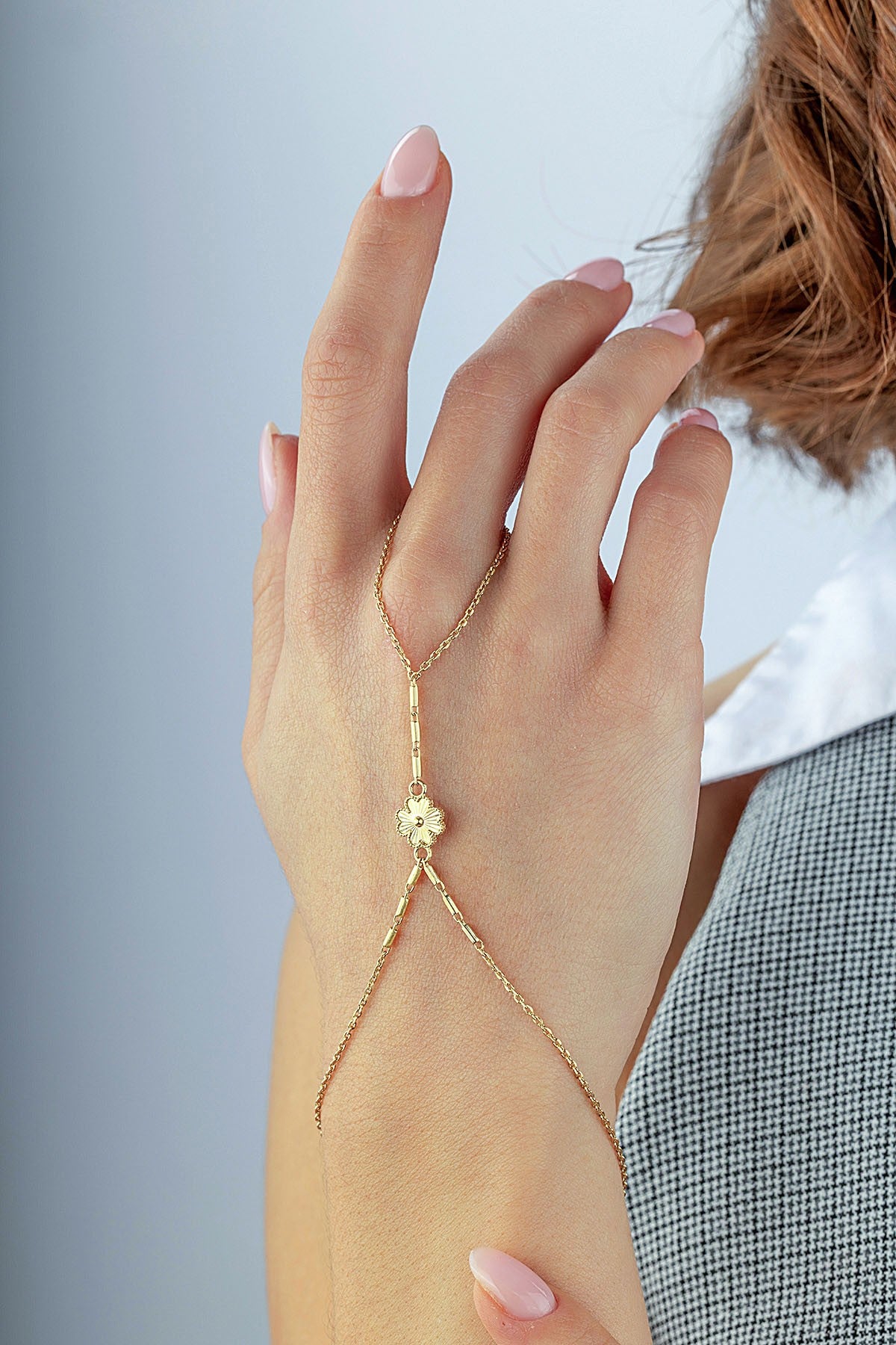 14K Clover Gold Hand Chain Bracelet