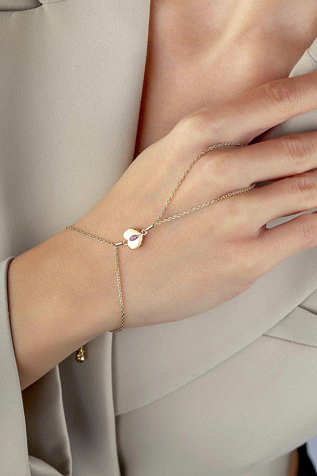 14K Purple Stone-Set Heart Gold Hand Chain Bracelet