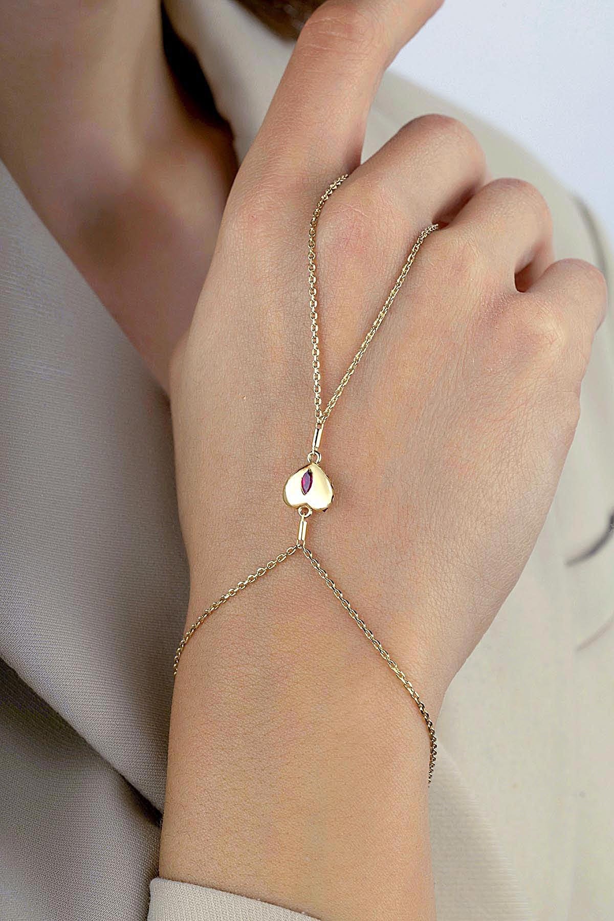14K Purple Stone-Set Heart Gold Hand Chain Bracelet Secondary image