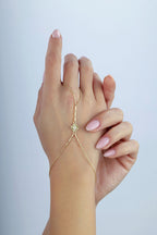 14K Stone-Set Clover Motif Gold Hand Chain Bracelet