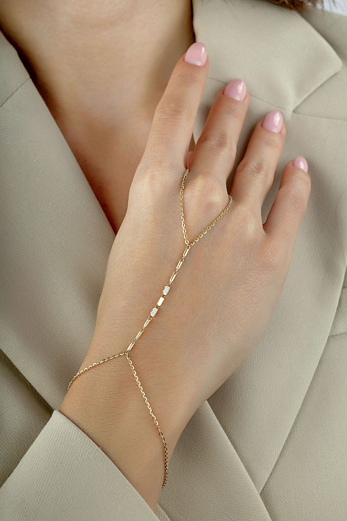 14K Enamel Gold Hand Chain Bracelet Main image