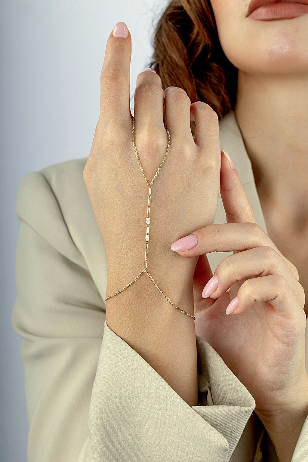 14K Enamel Gold Hand Chain Bracelet