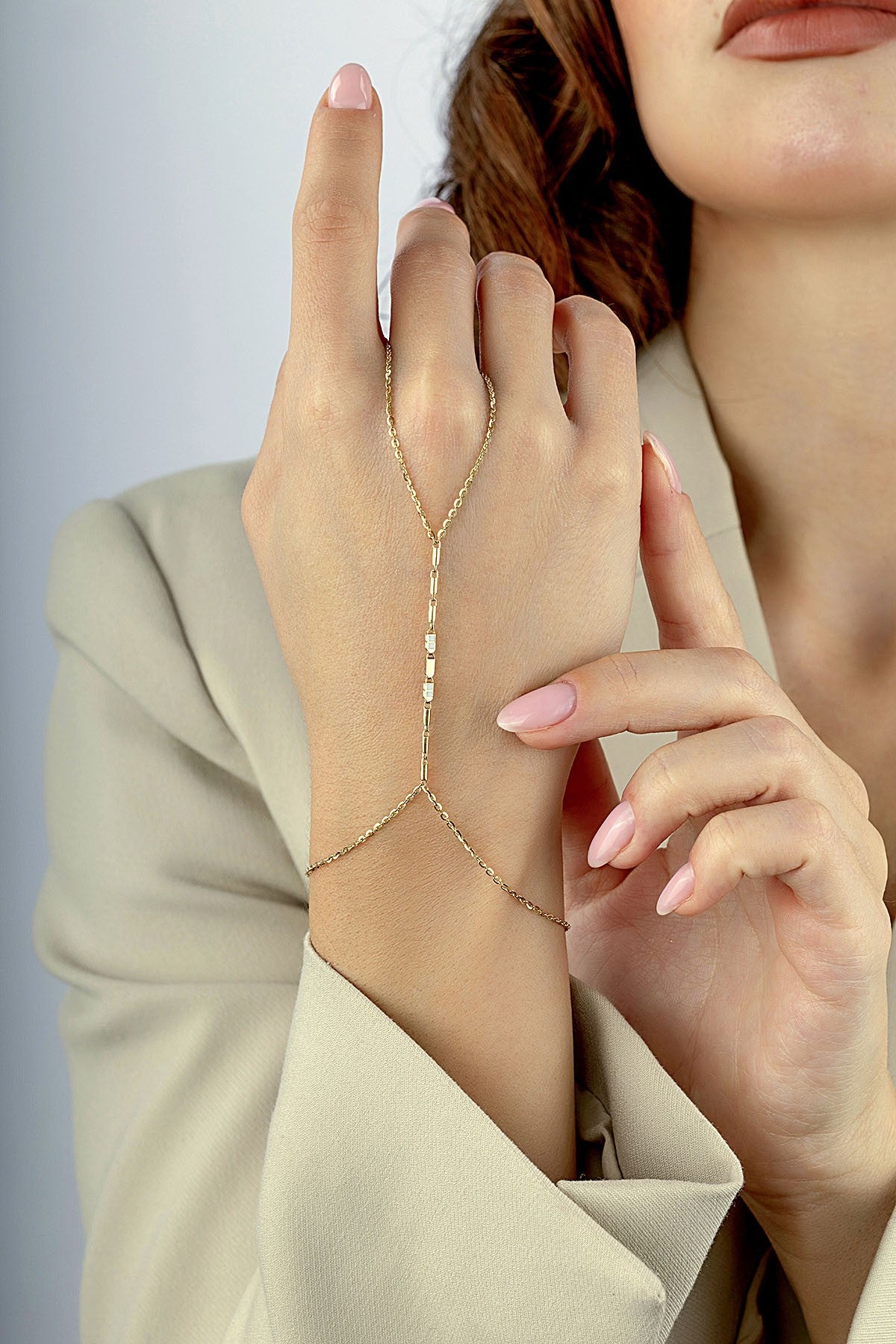 14K Enamel Gold Hand Chain Bracelet