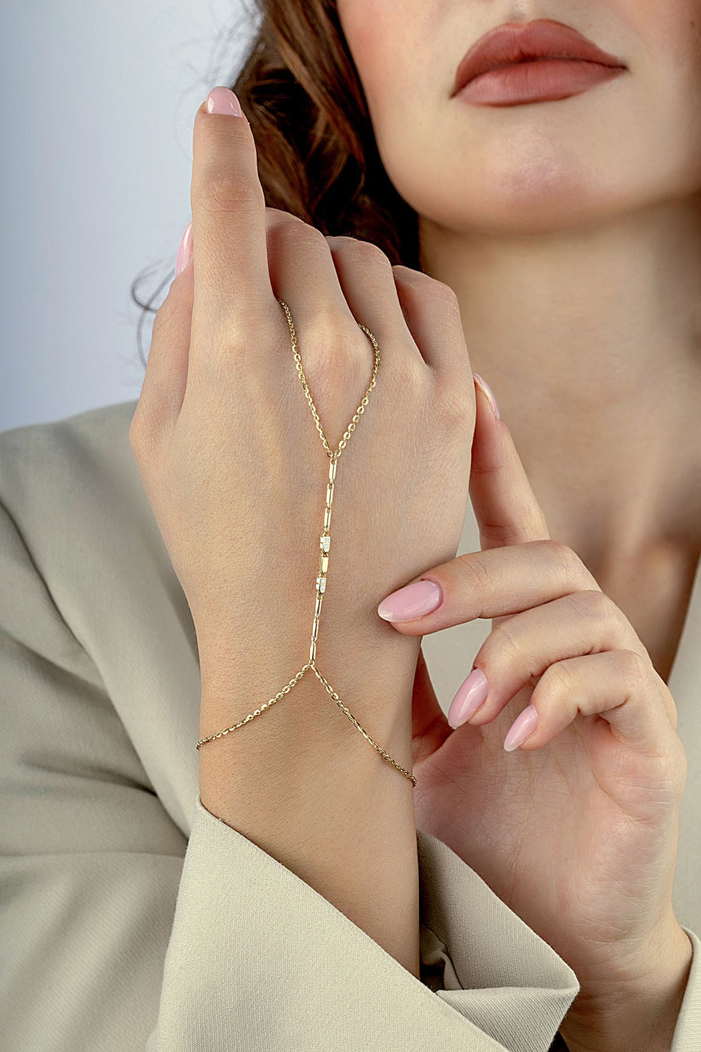14K Enamel Gold Hand Chain Bracelet