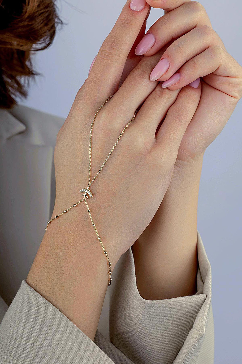 14K Stone-Set Airplane Motif Gold Hand Chain Bracelet