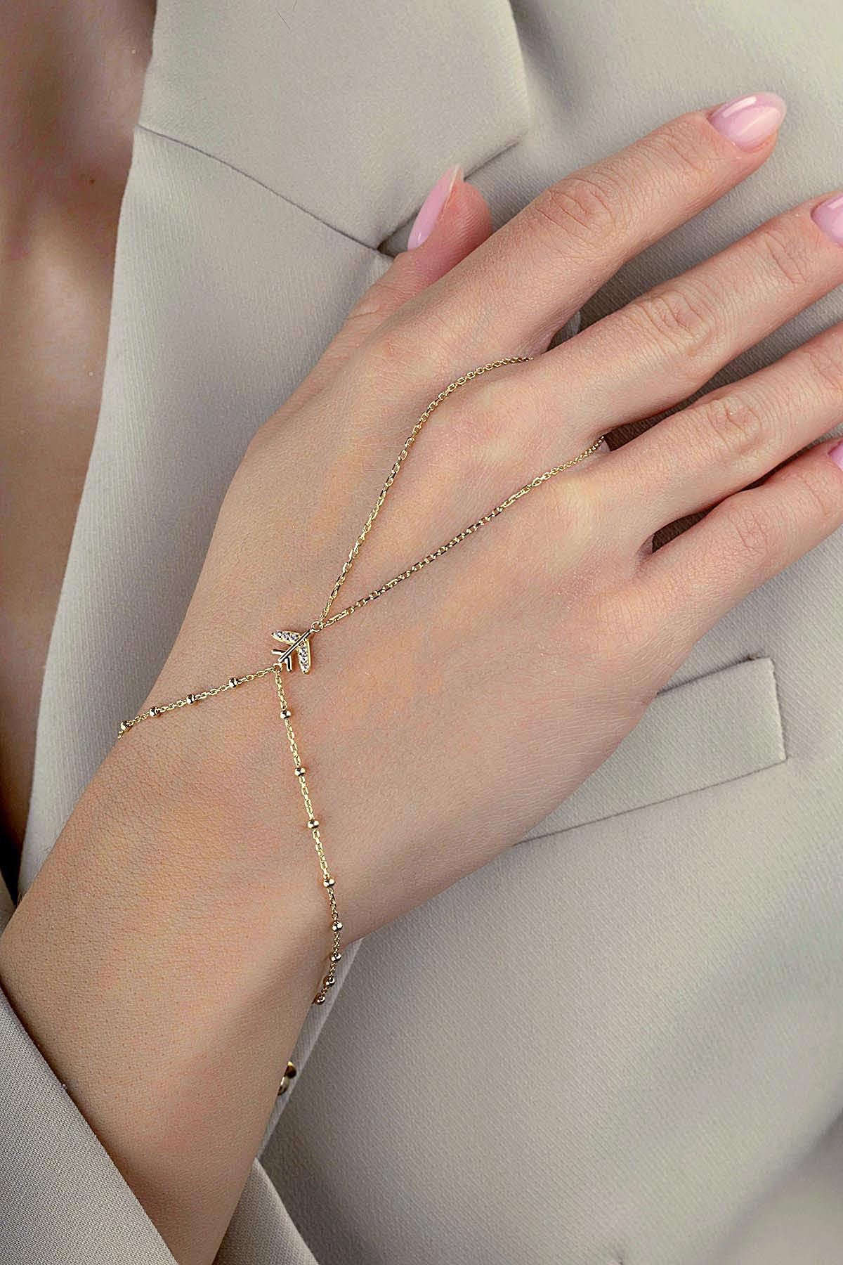 14K Stone-Set Airplane Motif Gold Hand Chain Bracelet