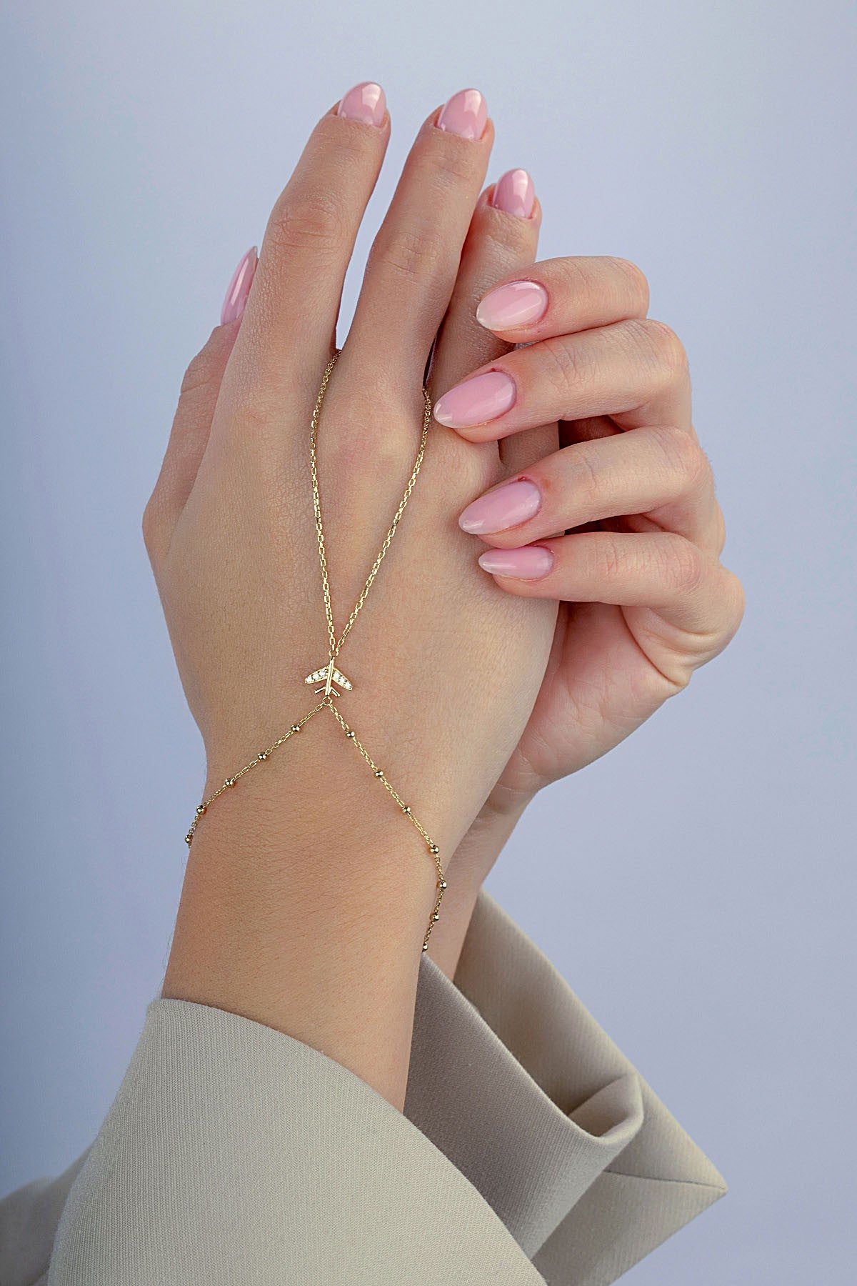 14K Stone-Set Airplane Motif Gold Hand Chain Bracelet