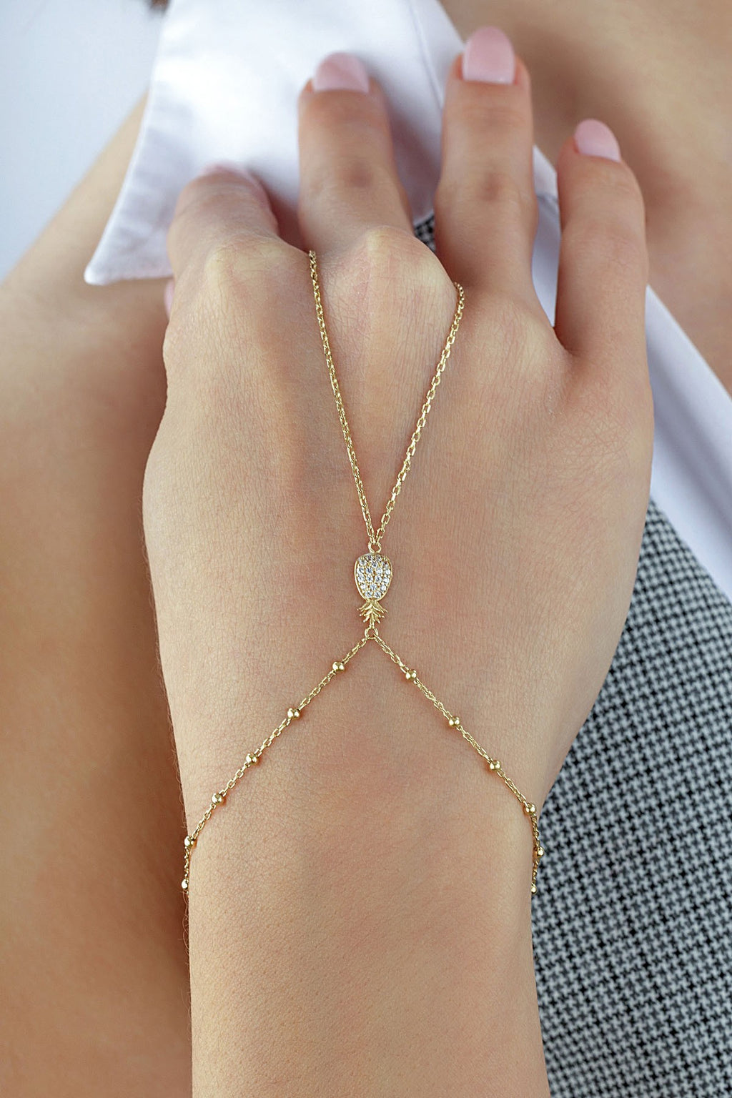 14K Stone-Set Gold Hand Chain Bracelet