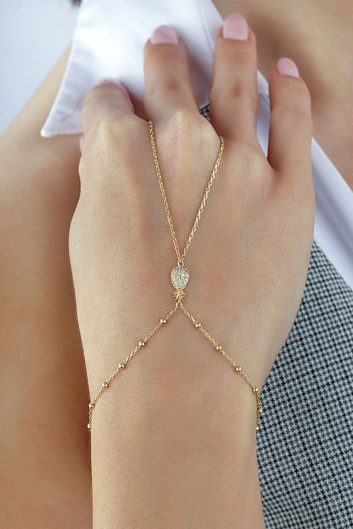 14K Stone-Set Gold Hand Chain Bracelet