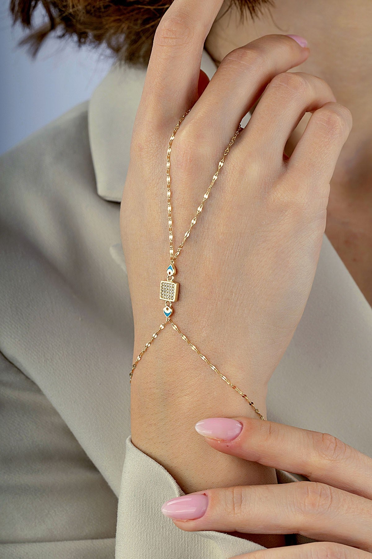 14K Enamel Square Stone-Set Gold Hand Chain Bracelet Main image