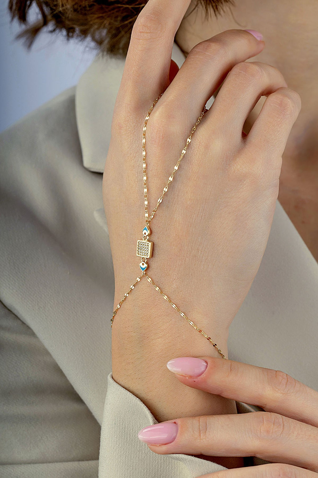 14K Enamel Square Stone-Set Gold Hand Chain Bracelet