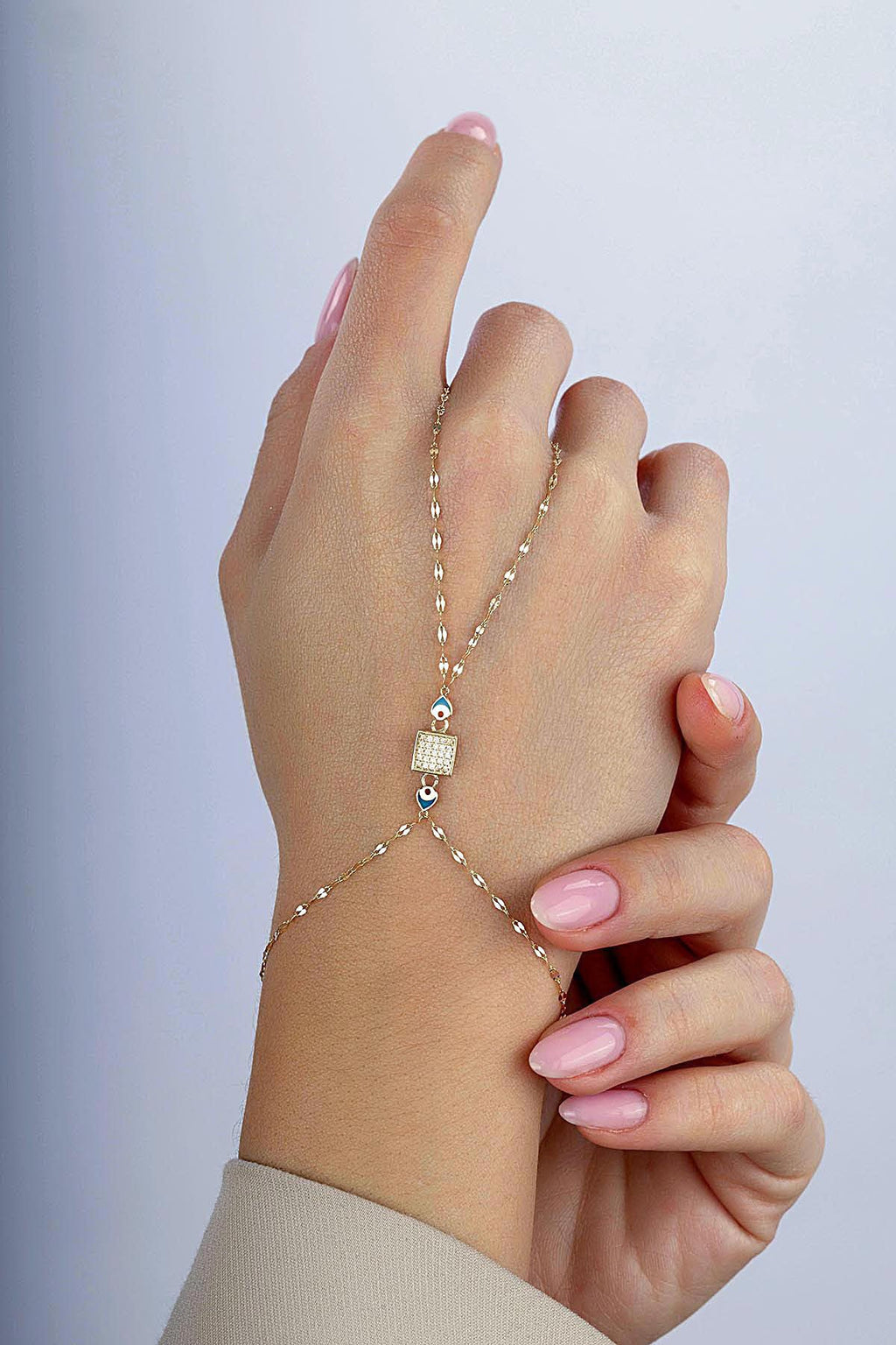 14K Enamel Square Stone-Set Gold Hand Chain Bracelet