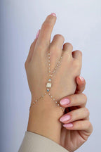14K Enamel Square Stone-Set Gold Hand Chain Bracelet