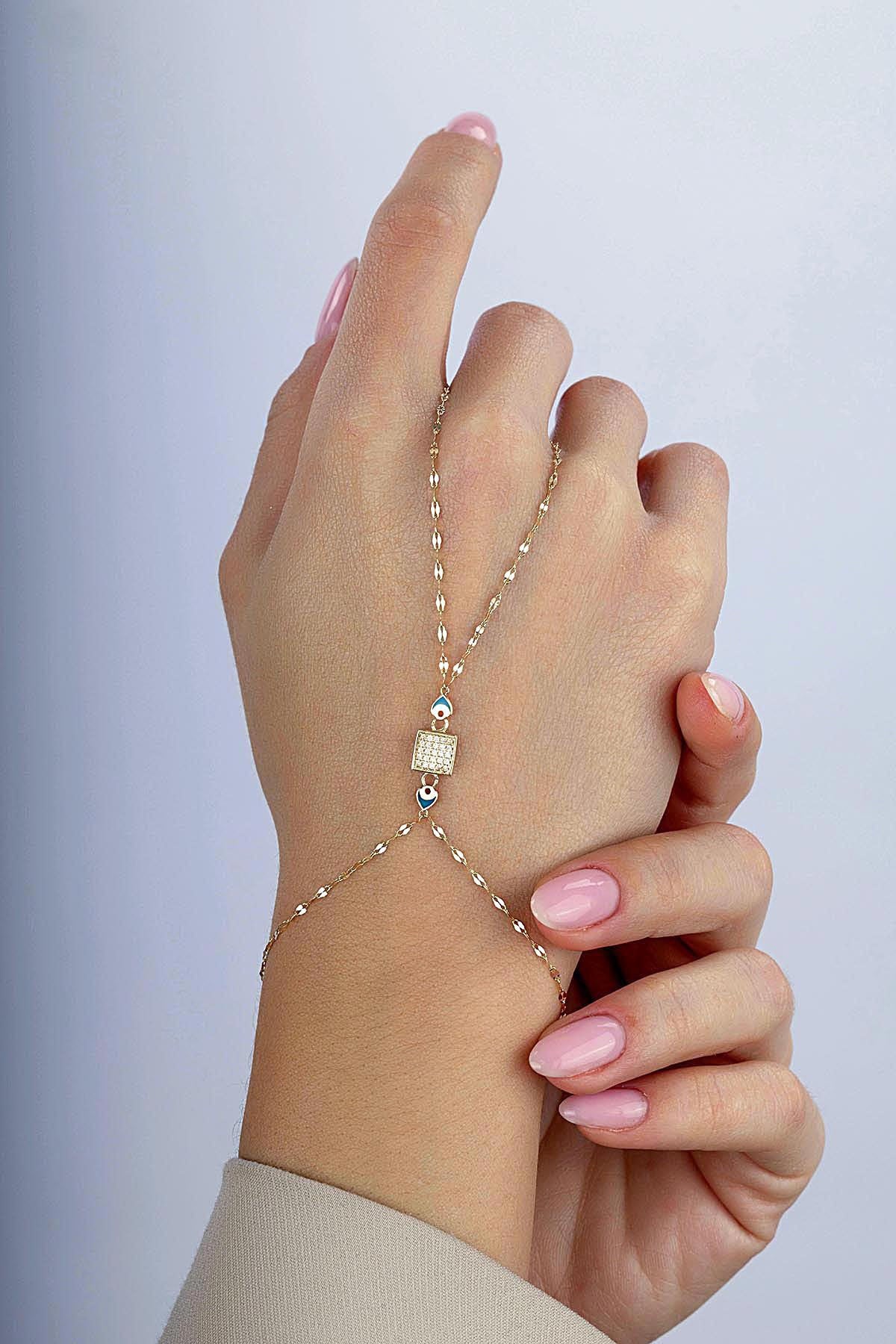14K Enamel Square Stone-Set Gold Hand Chain Bracelet