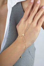 14K Striped Stone-Set Heart Gold Hand Chain Bracelet