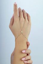 14K Striped Stone-Set Heart Gold Hand Chain Bracelet