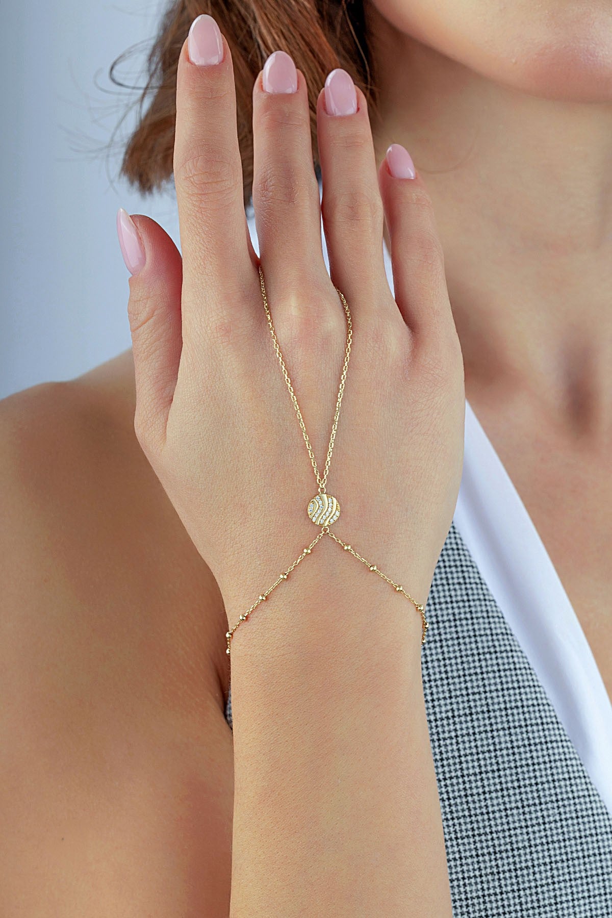 14K Round Gold Hand Chain Bracelet Main image
