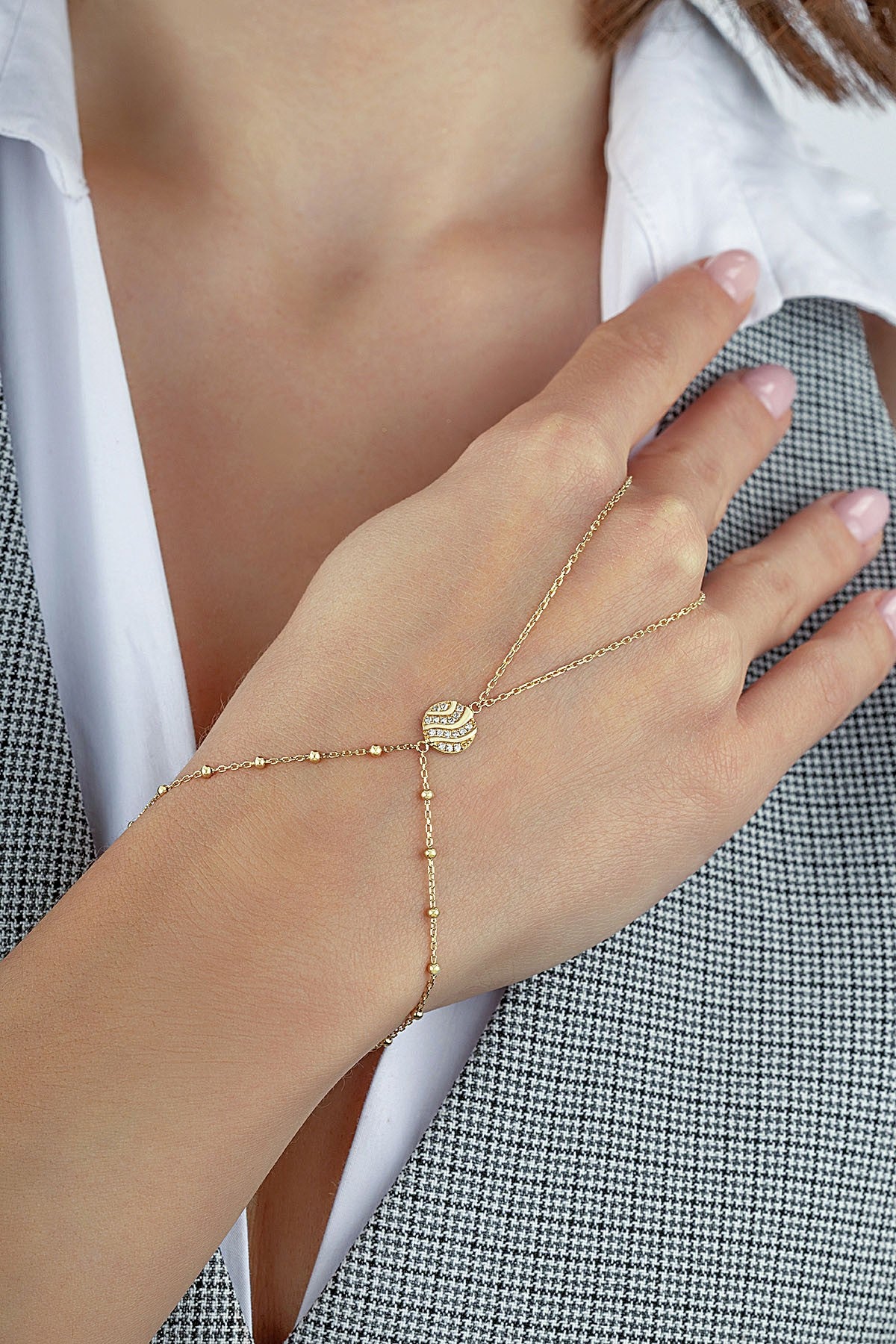14K Round Gold Hand Chain Bracelet