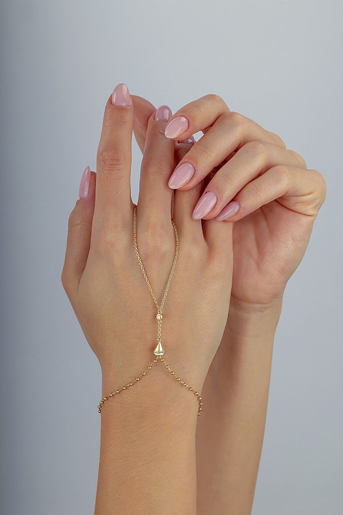 14K Stone-Set Gold Hand Chain Bracelet
