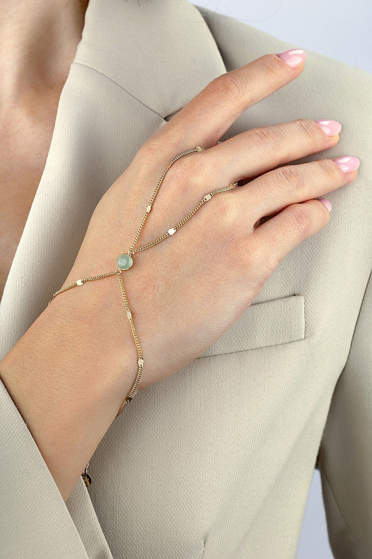 14K Green Stone-Set Gold Hand Chain Bracelet