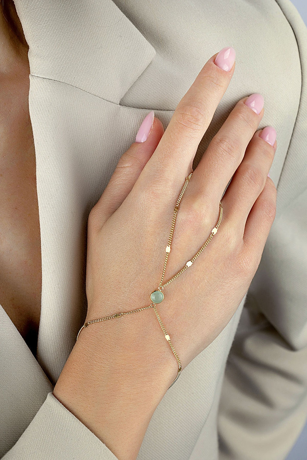 14K Green Stone-Set Gold Hand Chain Bracelet