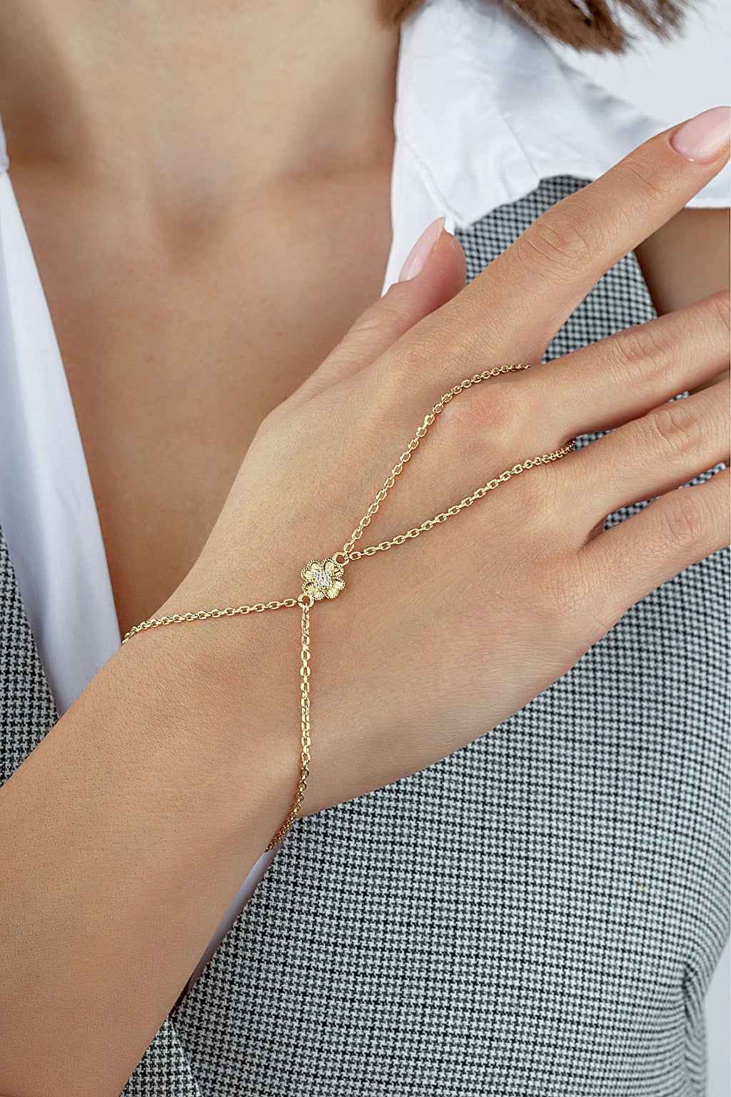 14K Stone-Set Clover Gold Hand Chain Bracelet