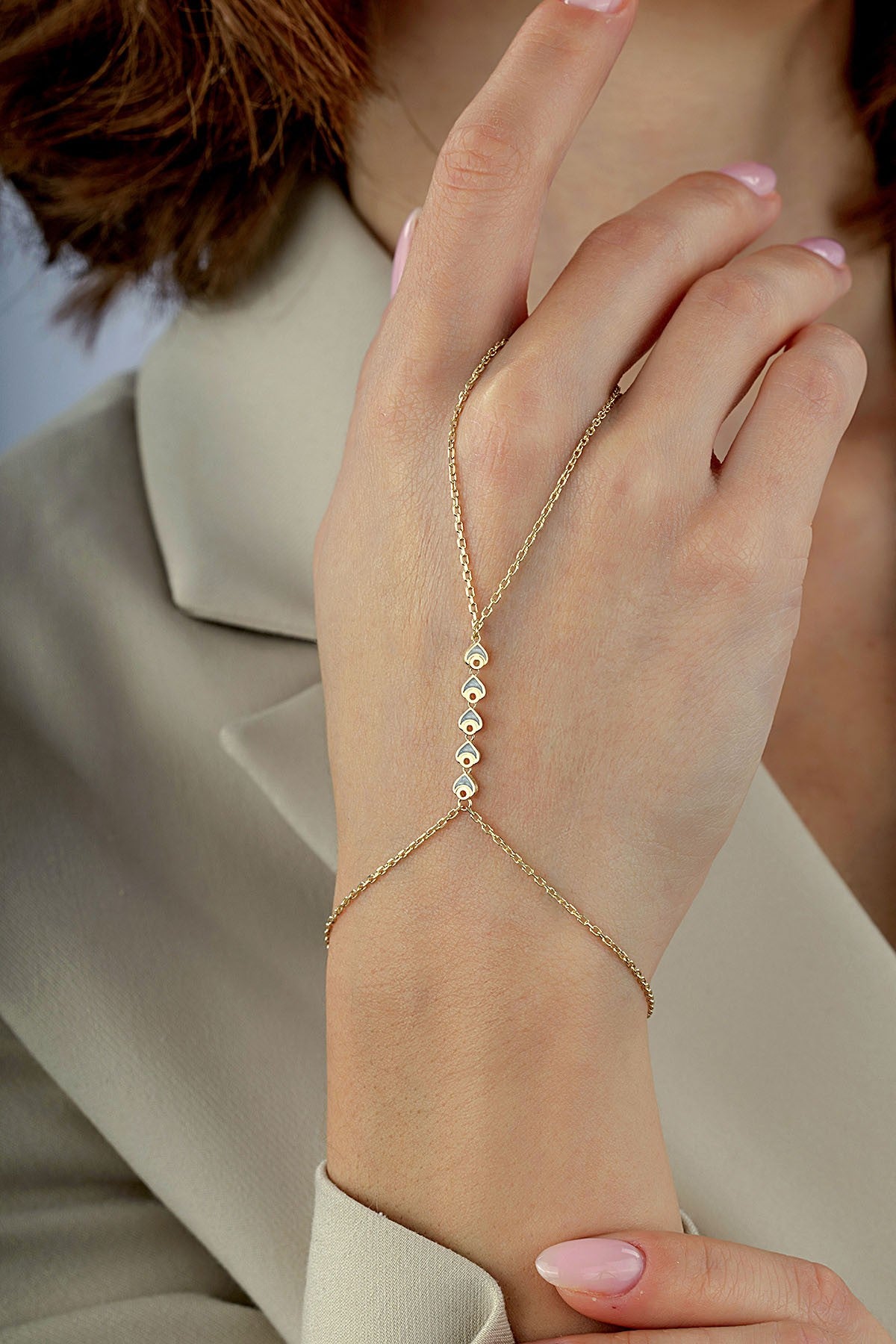 14K Enamel Gold Hand Chain Bracelet Secondary image