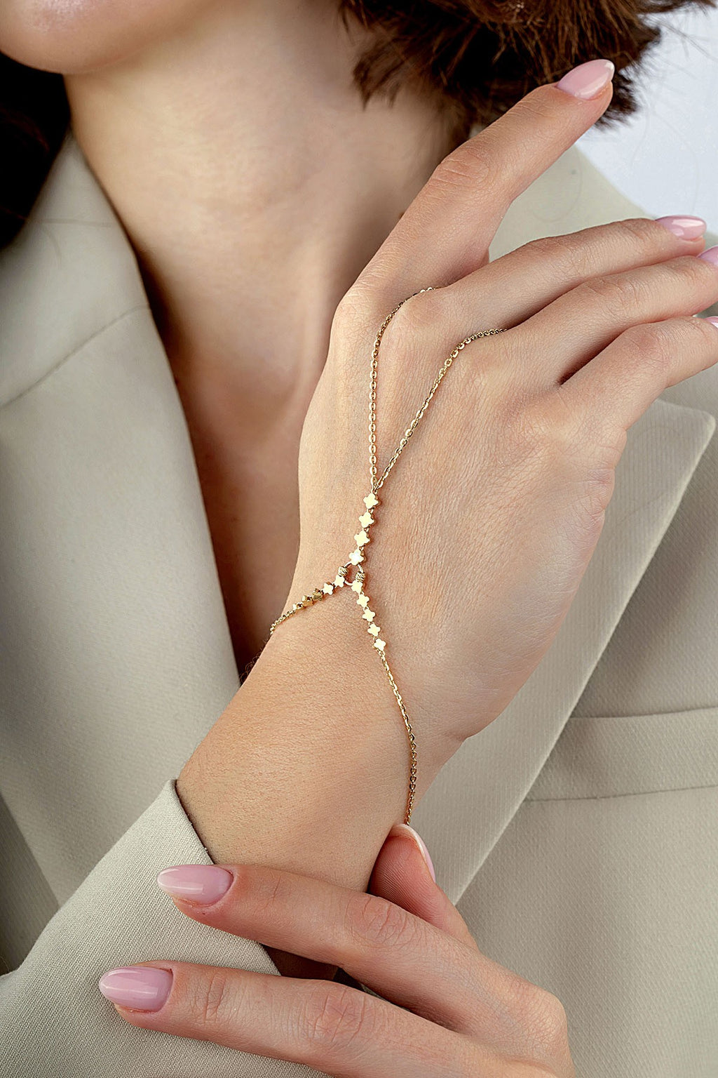 14K Interlocking Clovers Gold Hand Chain Bracelet