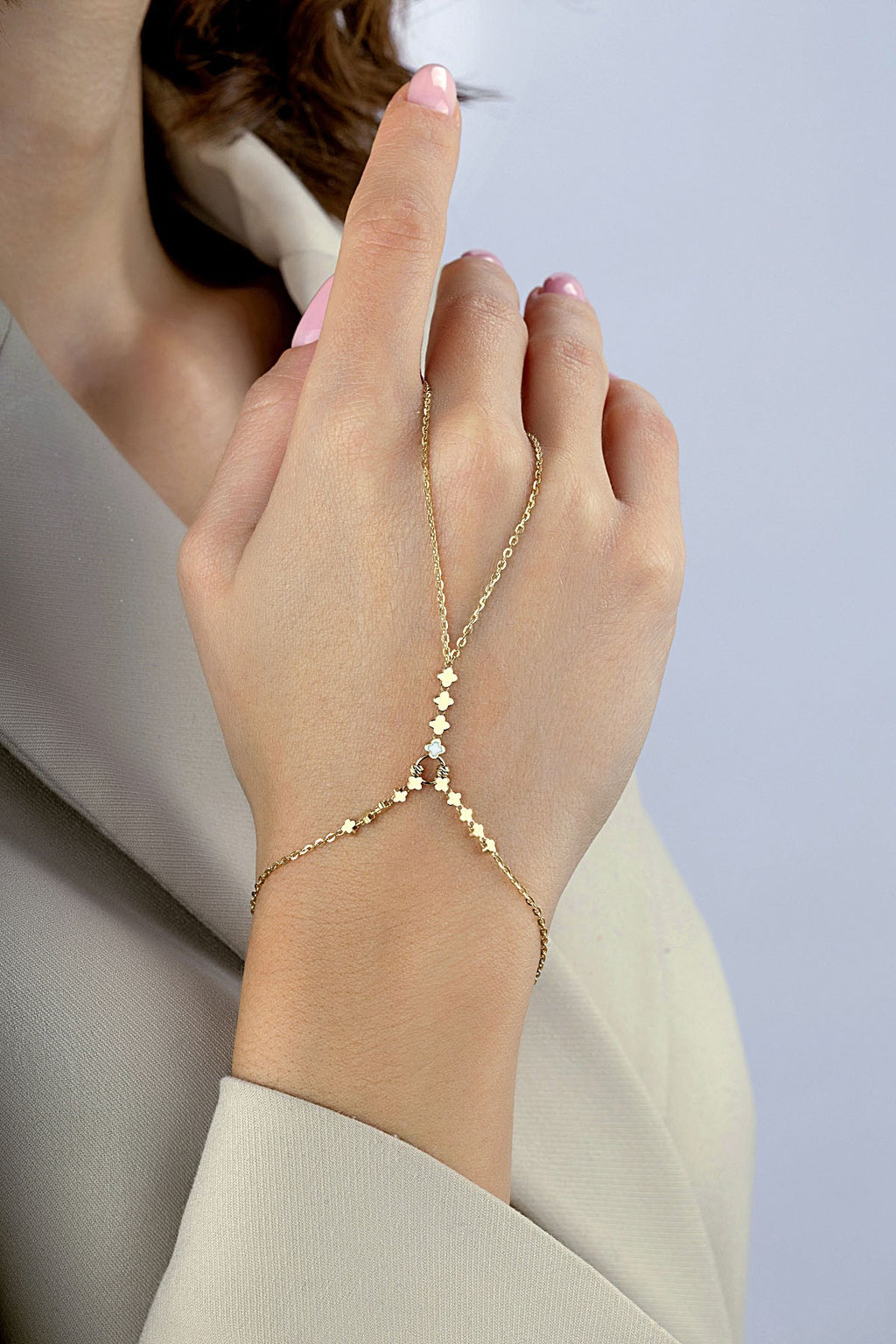 14K Interlocking Clovers Gold Hand Chain Bracelet