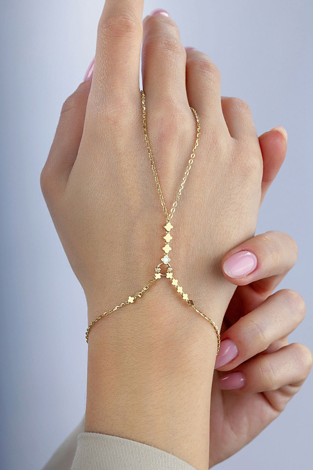 14K Interlocking Clovers Gold Hand Chain Bracelet