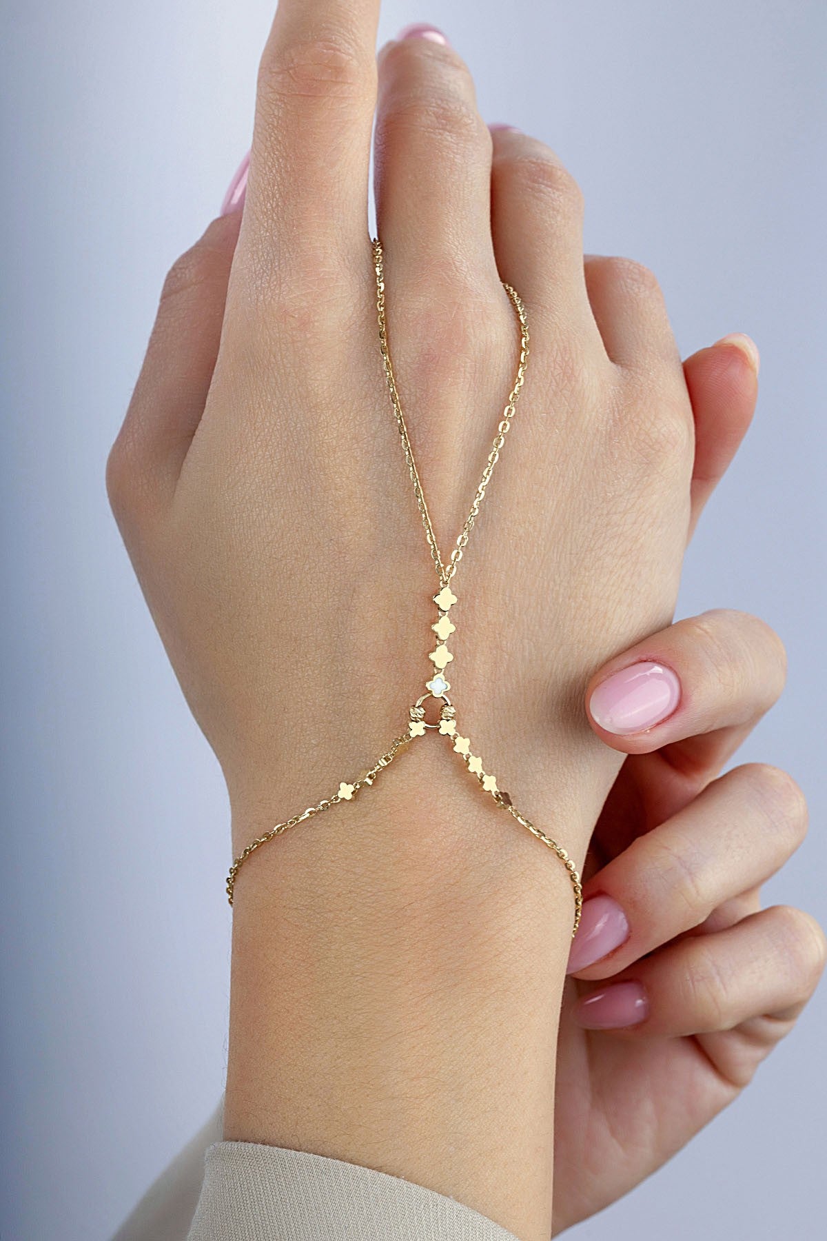 14K Interlocking Clovers Gold Hand Chain Bracelet
