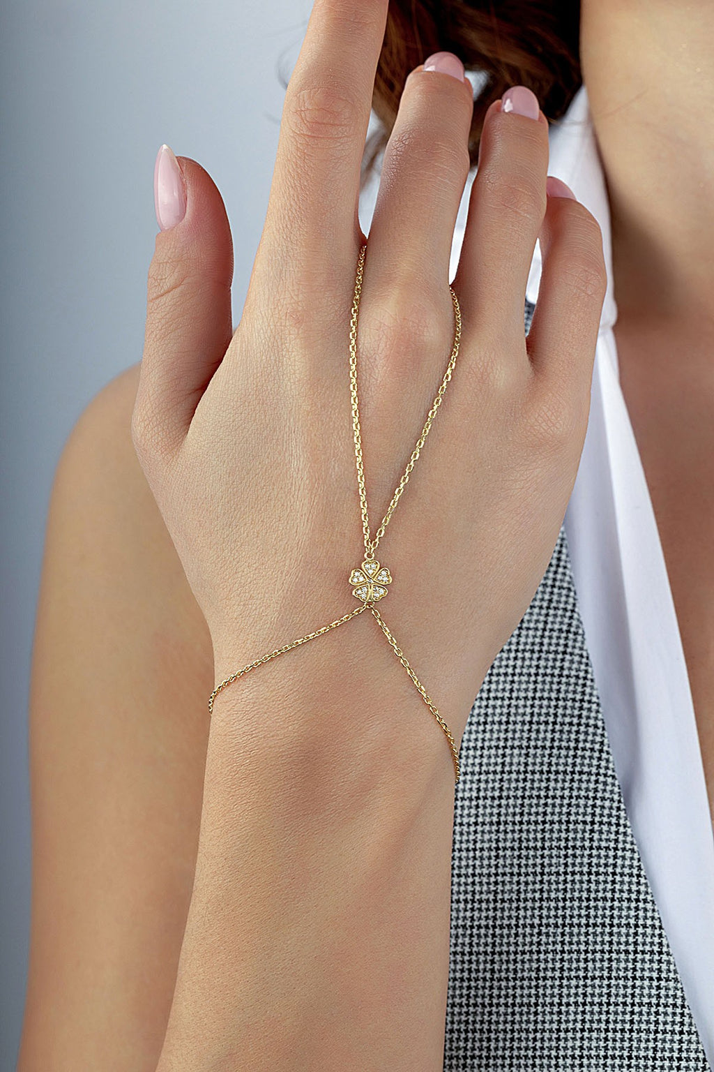 14K 5 Leaf Floral Gold Hand Chain Bracelet