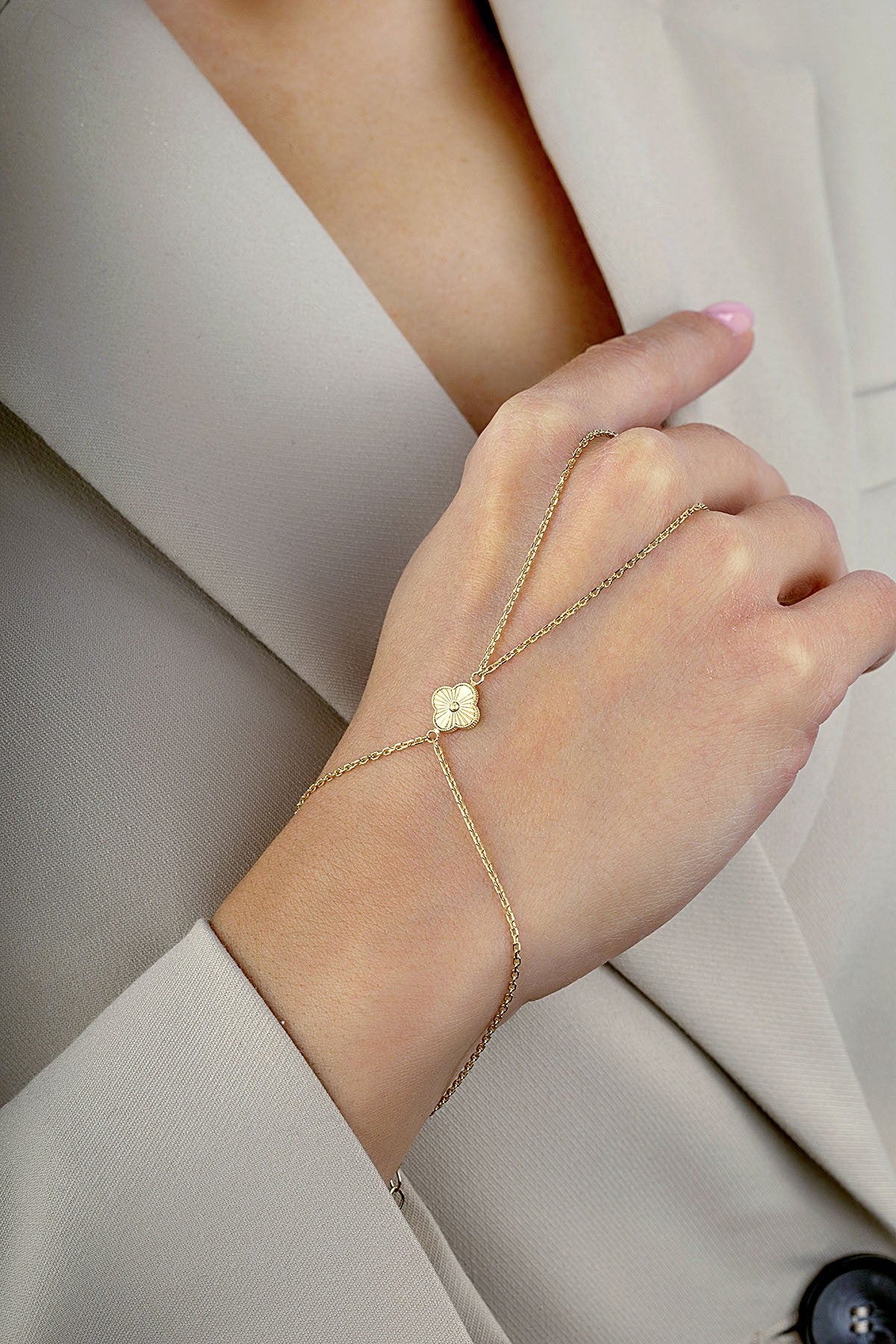 14K Patterned Clover Gold Hand Chain Bracelet Secondary image
