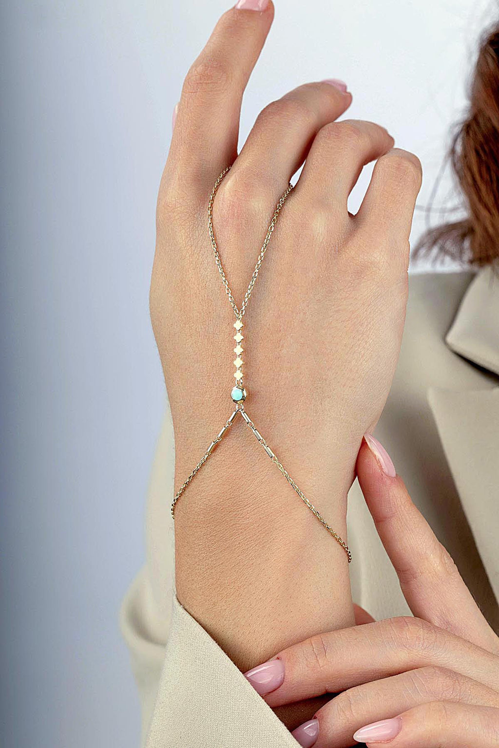 14K Enamel 5 Clover Gold Hand Chain Bracelet