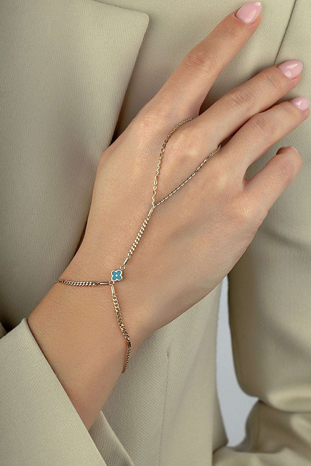 14K Enamel Floral Gold Hand Chain Bracelet