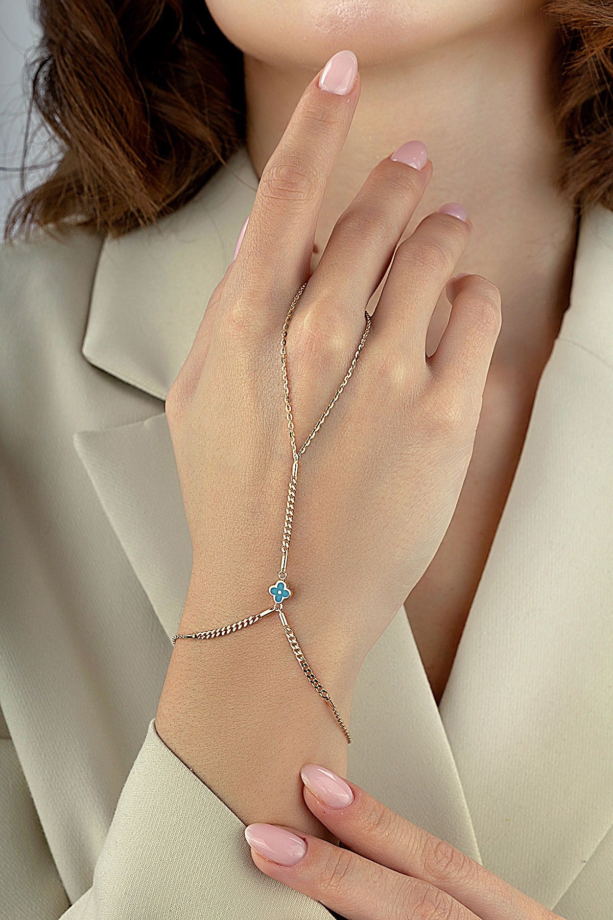 14K Enamel Floral Gold Hand Chain Bracelet Secondary image
