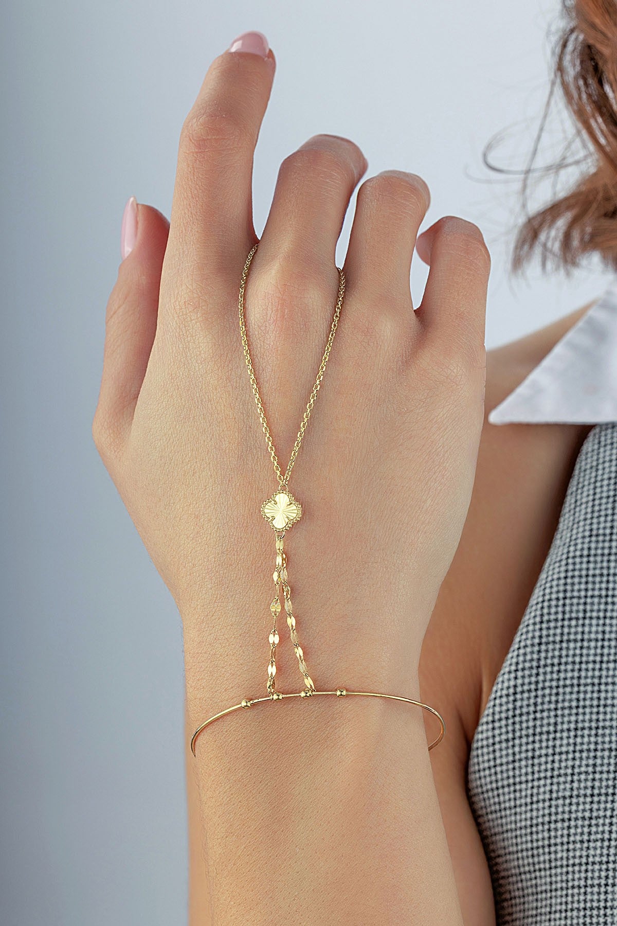 14K Floral Gold Hand Chain Bracelet