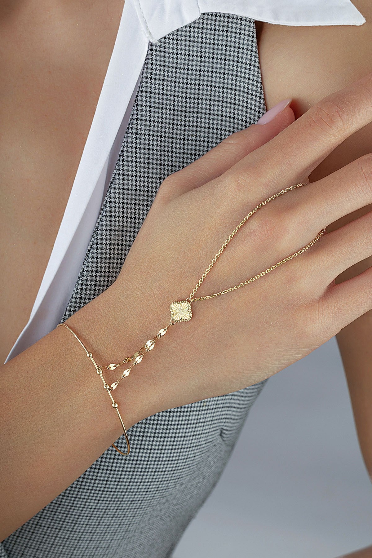14K Floral Gold Hand Chain Bracelet Secondary image