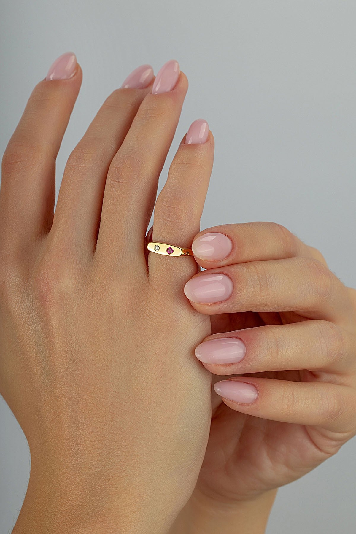 Rectangular Burgundy Stone-Set Pinky Gold Ring