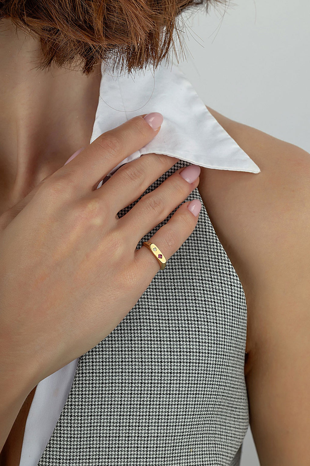 Rectangular Burgundy Stone-Set Pinky Gold Ring