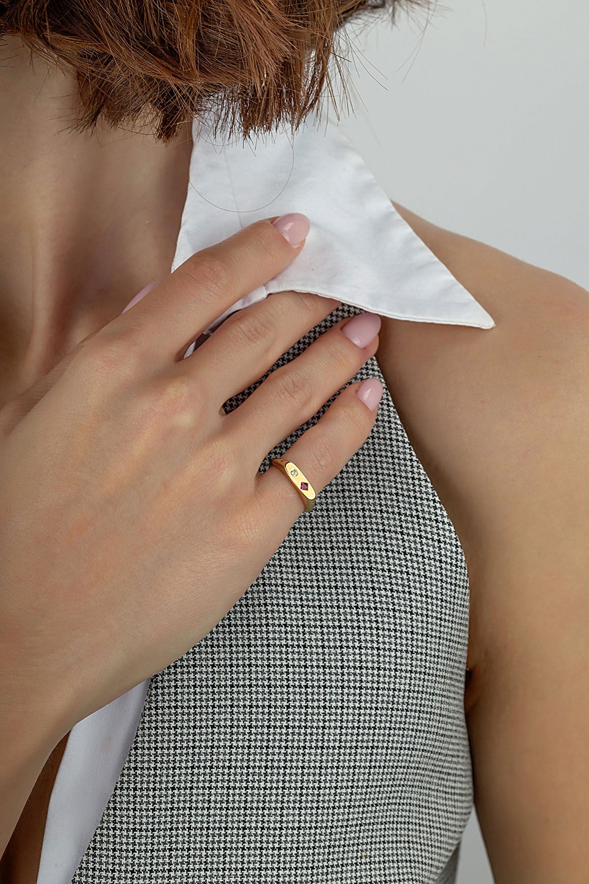 Rectangular Burgundy Stone-Set Pinky Gold Ring