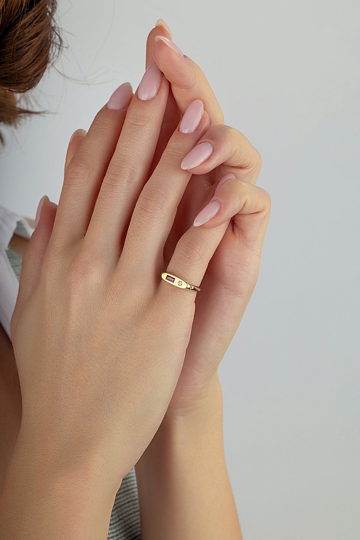 Rectangular Burgundy Stone-Set Pinky Gold Ring Secondary image