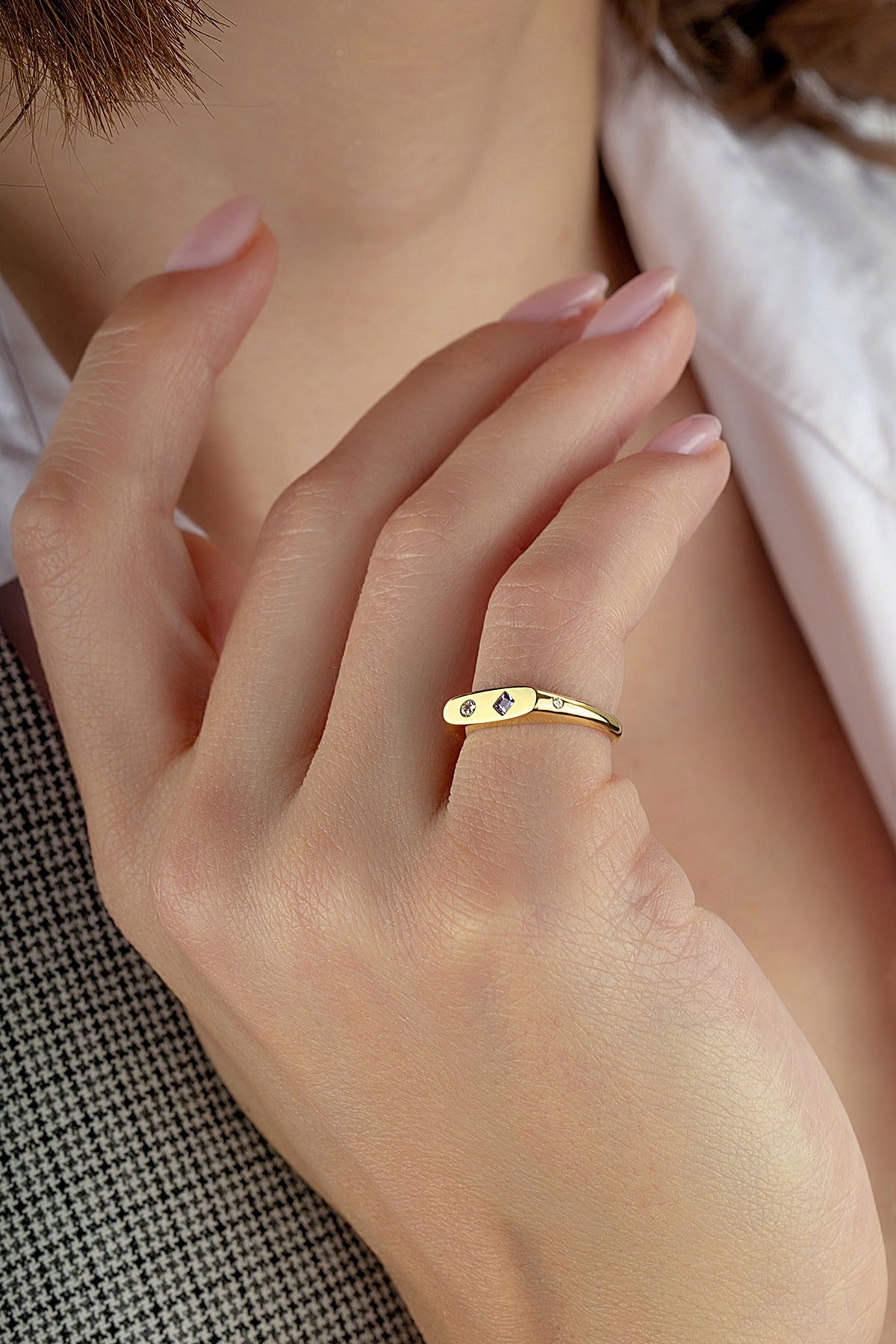 Rectangular Purple Stone-Set Pinky Gold Ring Secondary image